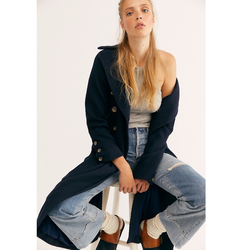 Free People Double Breasted Woven Ribbed Overcoat Longline Coat NWT Navy Blue - Picture 2 of 8